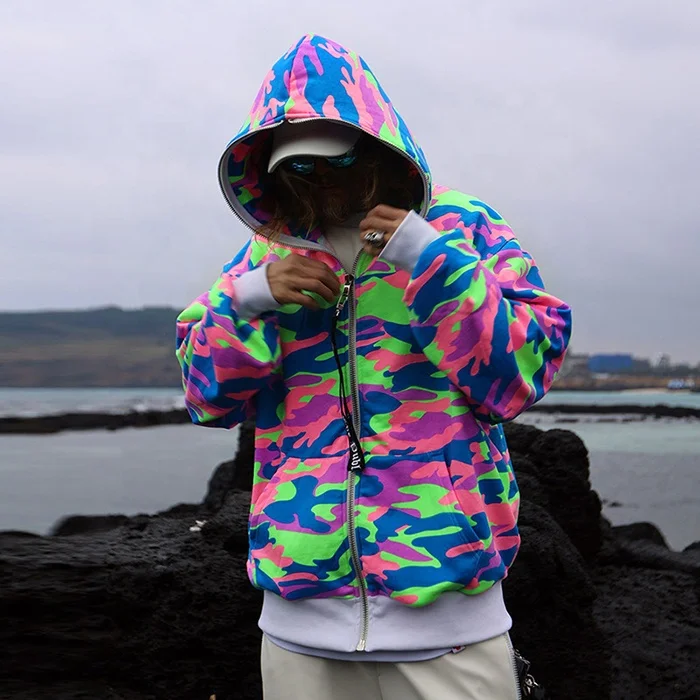RUYI Custom pink camo hoodie sweatshirt camouflage zip up hoodie men full face zip hoodie