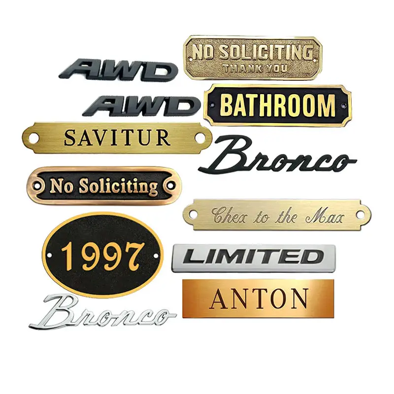 Factory Design 3D Logo Silver Brass Gold Branded Emblem Stainless Steel Aluminum Engrave Nameplate Pin Custom Metal Name Plate