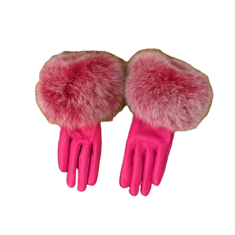 Genuine sheep Leather Gloves real fox fur lady Winter Fashion women warm real lamb skin Velvet Windproof