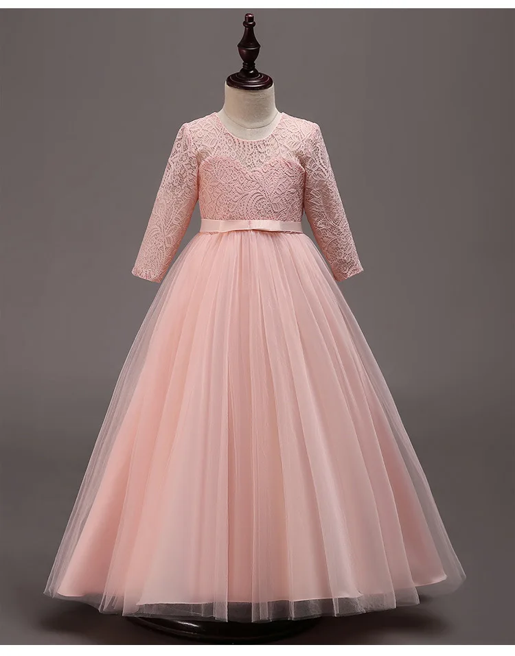 Wholesale Girls Long Lace Flower Birthday Party Elegan Long Sleeve Dresses Princess Wedding Children First Communion Dress