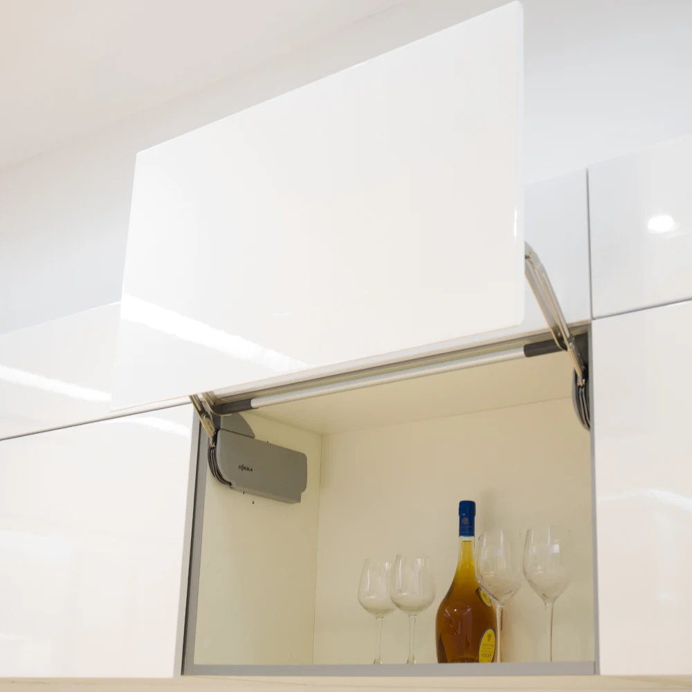 Vertical lift kitchen cabinet door hardware