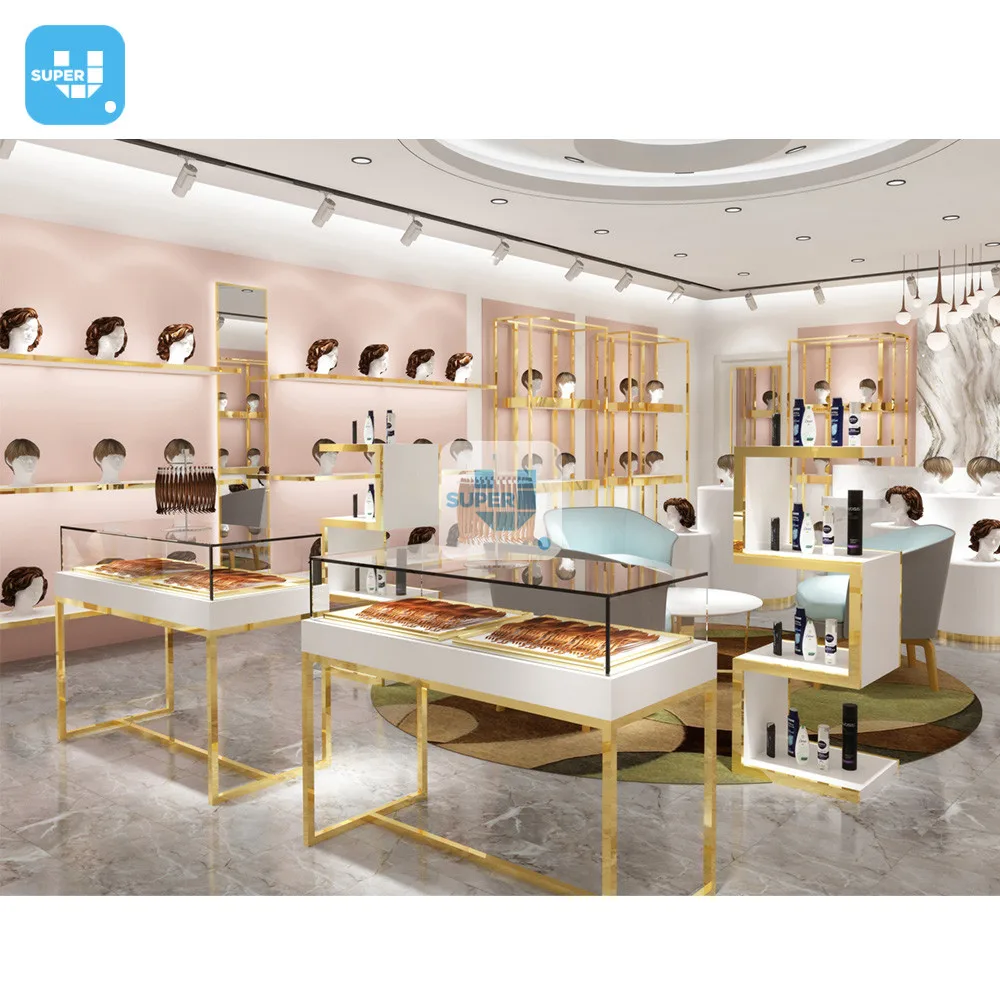 Beauty Shop Design Rack Hair Wig Retail Gold Display Shelf Custom Wig Salon Displays for Hair Extension