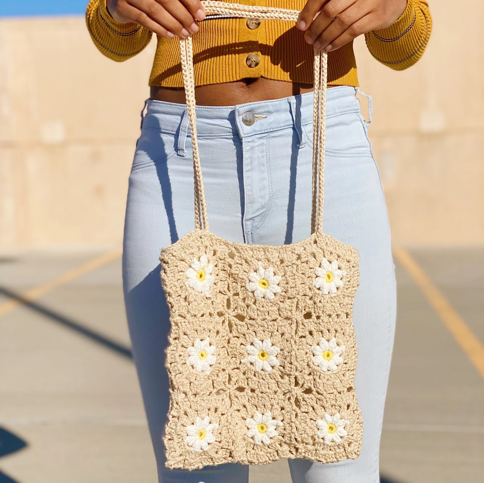 Fashionable Apricot Floral Boho Handbag Bohemian Tote Bag Crochet Bohemian Bags