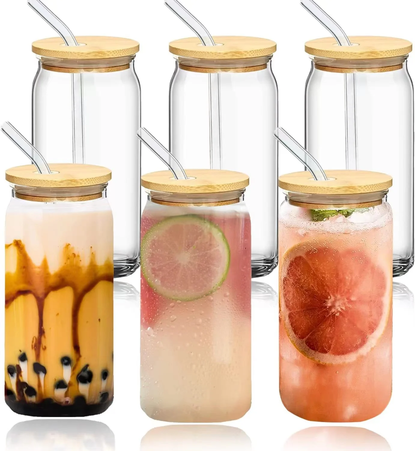 Custom Glass mug wooden lid Tea Coffee Cup Soda Beer Can Shaped Glass 16oz Cup Mugs With Bamboo Lid And Straw