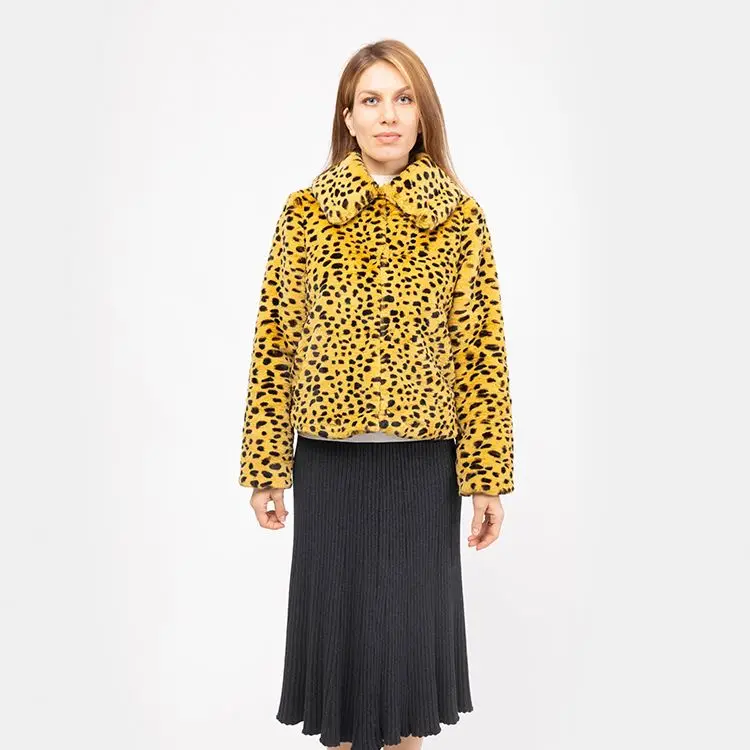 Leopard print faux rex rabbit fake fur fabrics wholesale faux fur womens coat