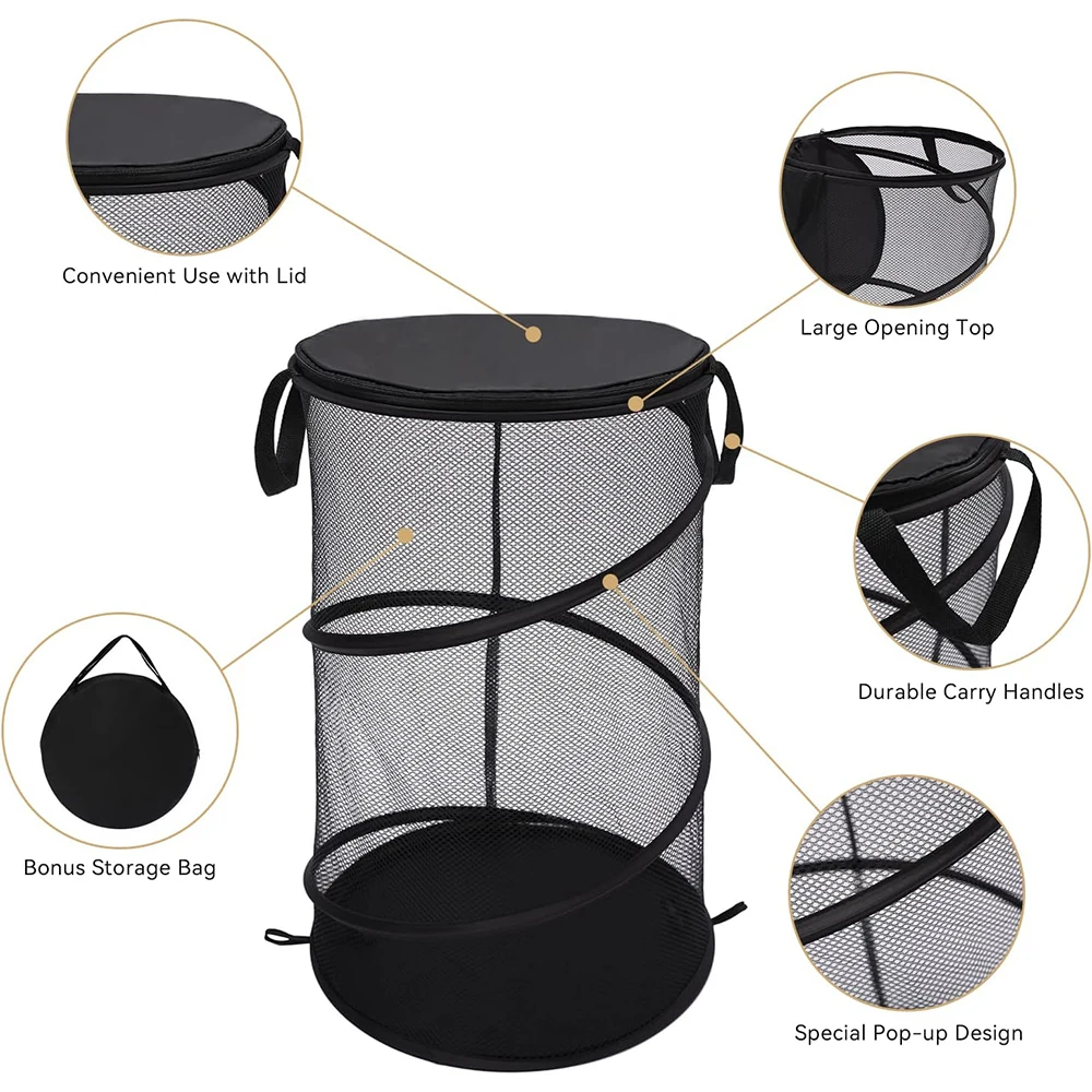 Laundry Hamper Wholesale Round Laundry Baskets Polyester Mesh Steel Storage Organizer with Lid