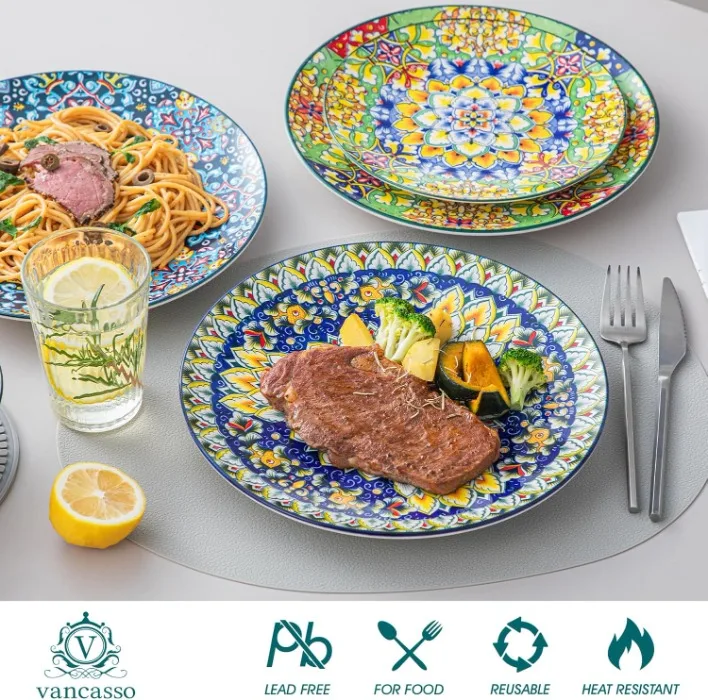 Set of 6 Bohemian Style 10.5-Inch Ceramic Dinner Plates Microwave and Dishwasher Safe Colorful Pottery & Enamel Dishes