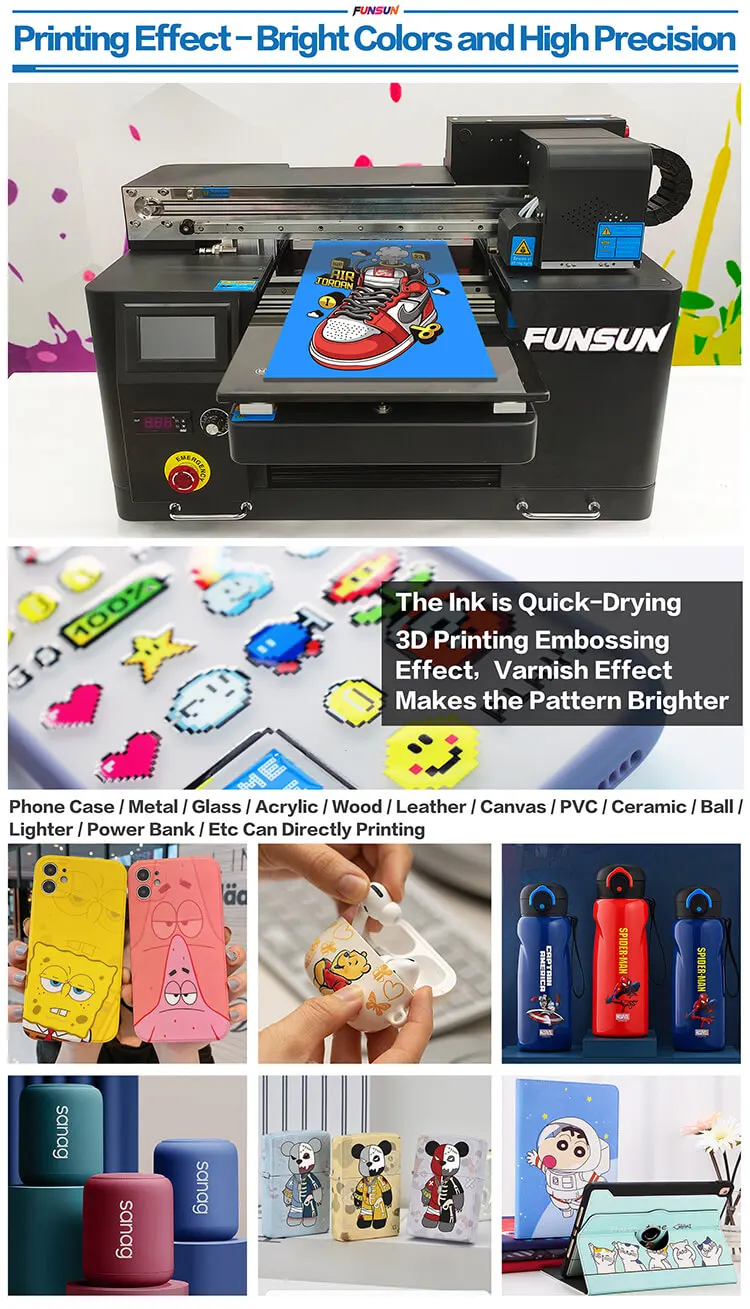 Funsun Factory Direct Wholesale A3 UV Flatbed Printer for Phone Case Cup Glass PVC Wood Leather