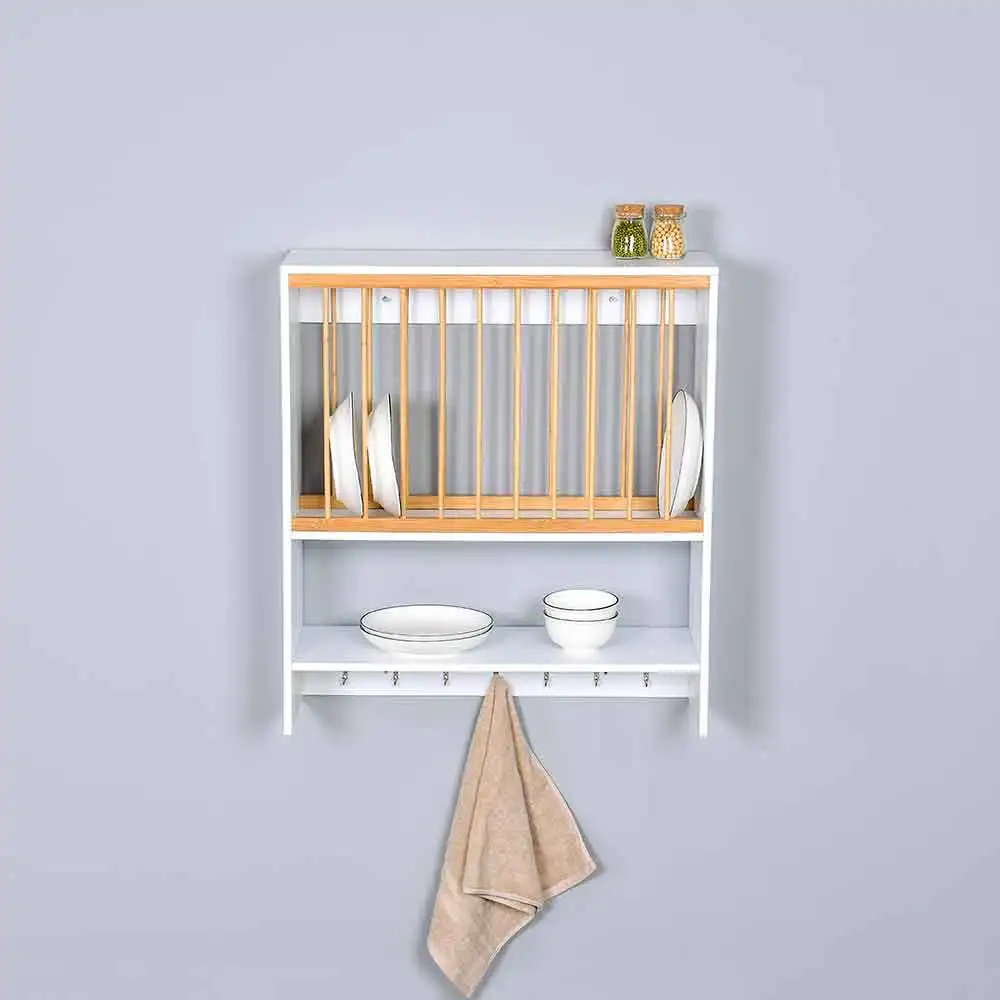 Kitchen Organization Tableware Holder Wooden Wall Mounted Hanging Bamboo Dish Drying Rack Drain Plate Rack Drainer With Hooks