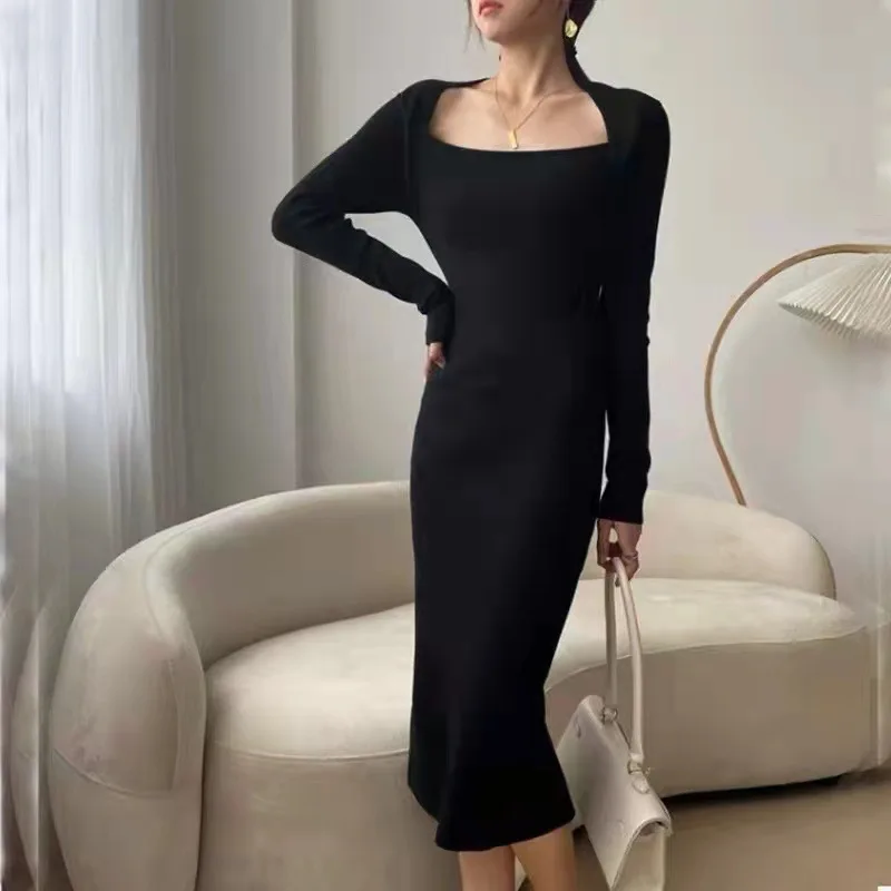 Sexy Lady New Arrival U neck long sleeve slim fit back split long sweater dress