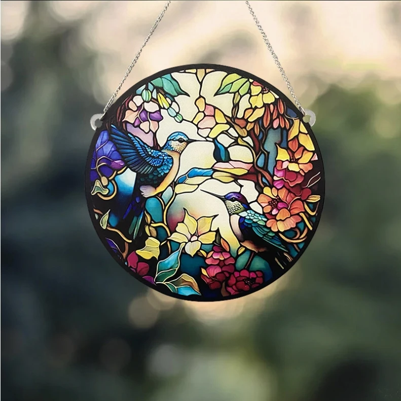 Decorative Handmade Hummingbird Stained Glass Sun Catcher Rainbow Prism Window Wall Hanging Ornament Boho Home Decor