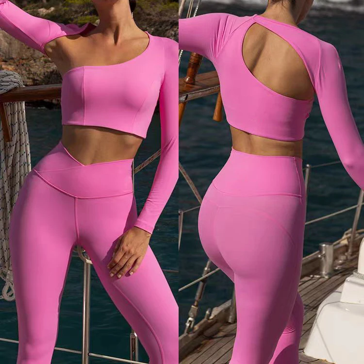 Women Two Piece Yoga Wear Unique Cut Gym Padded Long Sleeve Crop Top And Crossover Leggings Workout Sports Set