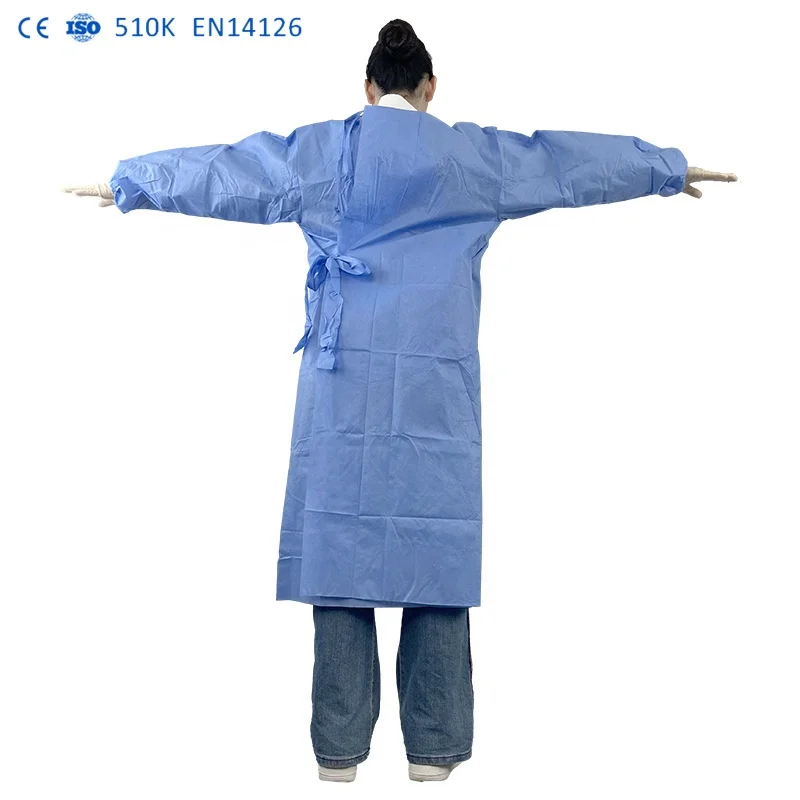 Factory price 510K Disposable blue gown 45g polyester fabric for cuff hospital AAMI LEVEL 2