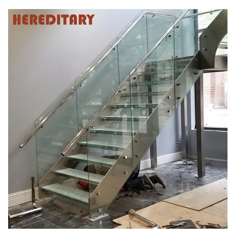 Wrought iron wooden stairs treads staircase with tempered glass stair parts