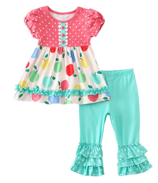 summer boutique short sleeve new children clothing oranges print lace hem dress deep green ruffle trousers girls clothing sets