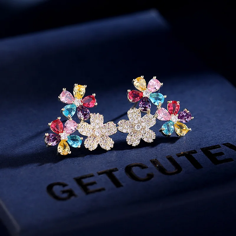Fashion Elegant Cubic Zirconia Three Little Flower CZ Stud Earrings