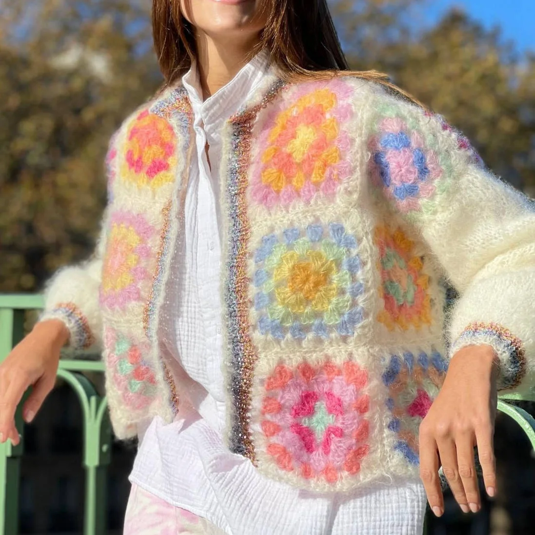 Cropped Vintage Granny Square Hand Crochet girl Custom patchwork Ladies Sweaters Cardigan Mohair Knit Women Sweater