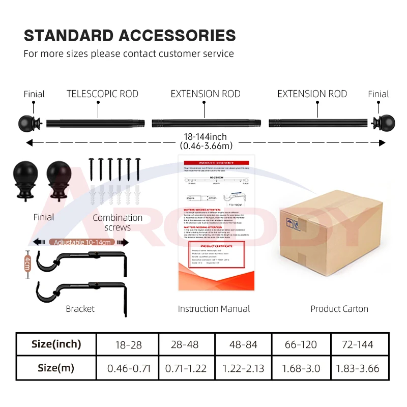 ARODDY 48-84 inch Matte Black Splicing Heavy Duty Metal with Brackets Curtain Rod for Window Decorative Curtain Pole Extendable
