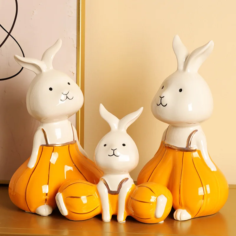 Thanksgiving Pumpkin Rabbit Statue Ornament Home Simple Pumpkin Rabbit Set Ceramic Craft Rabbit Figurines Decoration Sculpture