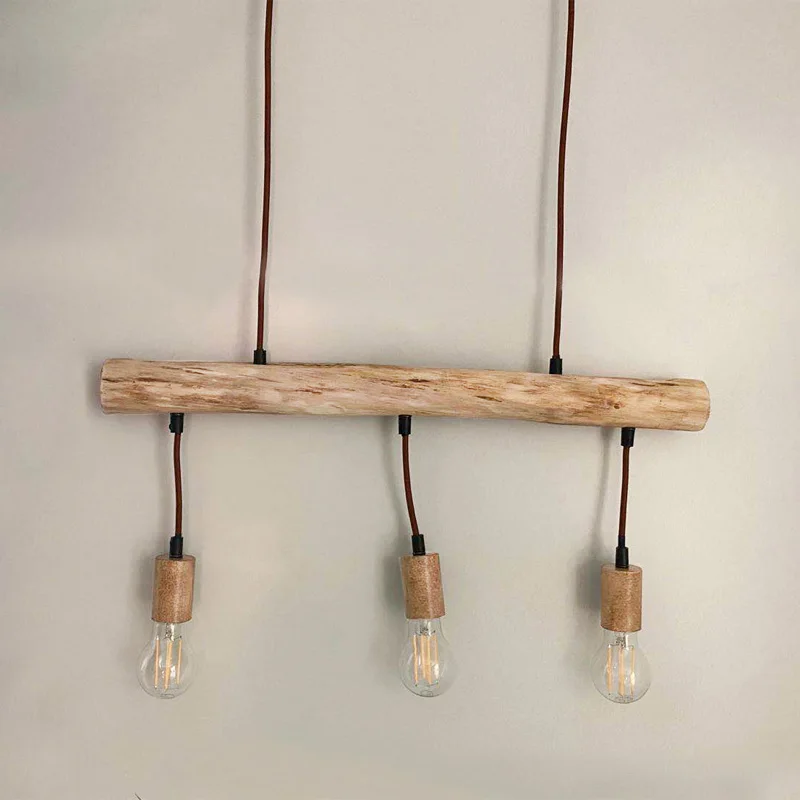 
Minimalist 3 Head Line E27 Socket Bulbs Wooden Frame Rural Style Retro Lights Fabric Cable Wood Pendant Lights For Sale 