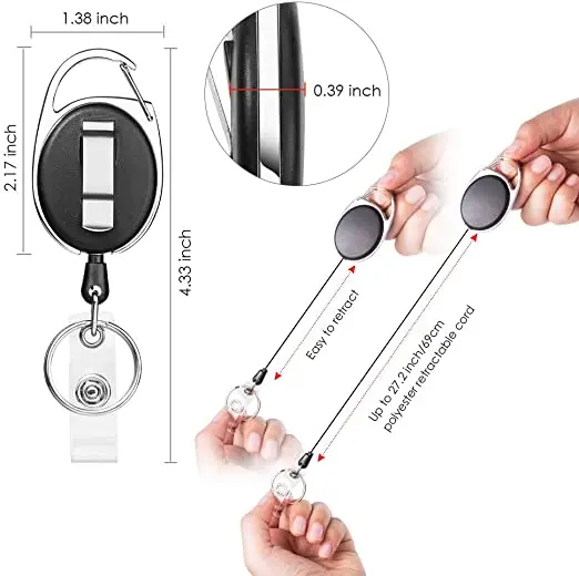 Retractable Badge Holder with Carabiner Reel Clip and Key Ring for ID Card Key Keychain Holders Black