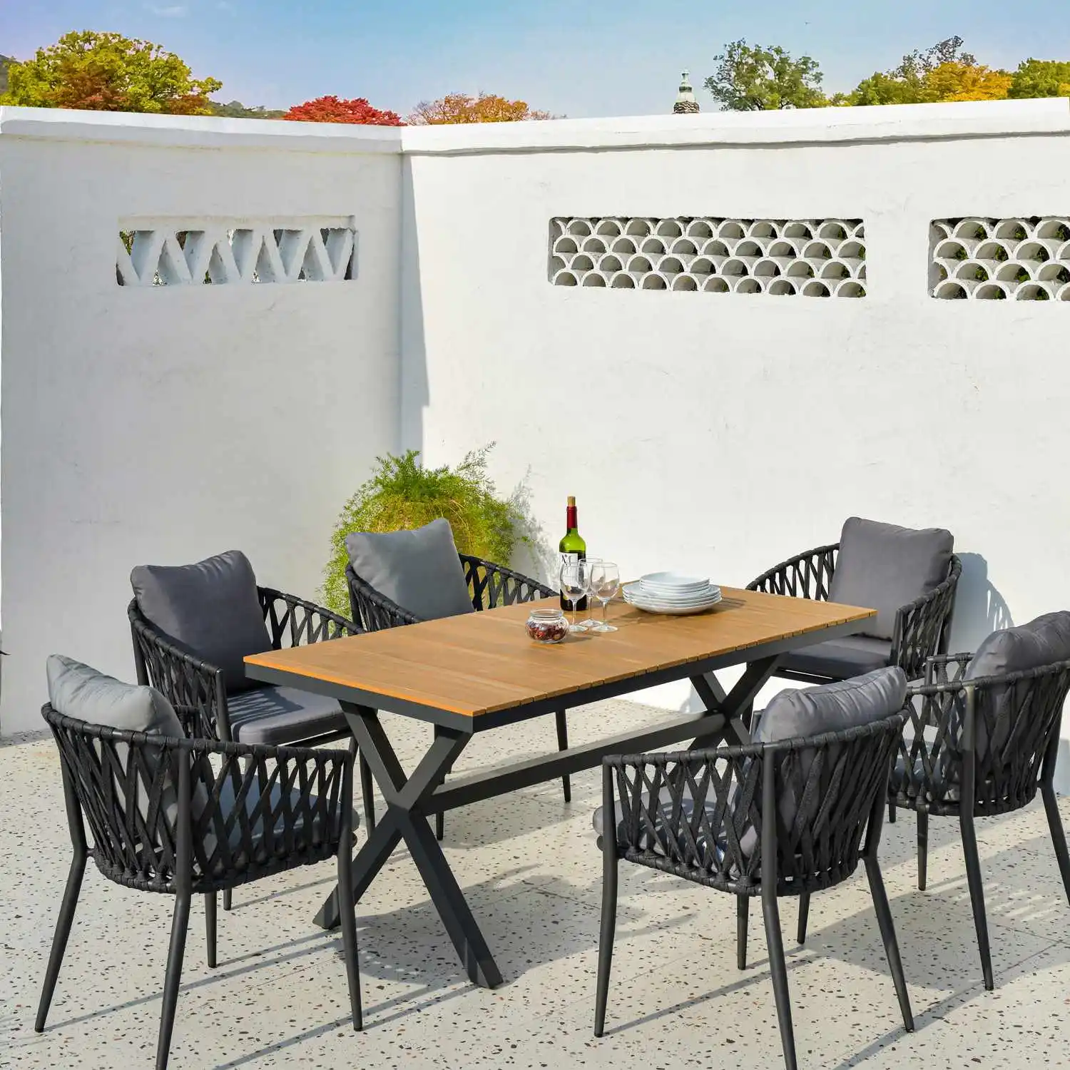 L160 Outdoor Furniture Aluminum Frame and Plastic Wood Table Top Patio Garden Furniture 4 Seaters Rope Chairs Waterproof