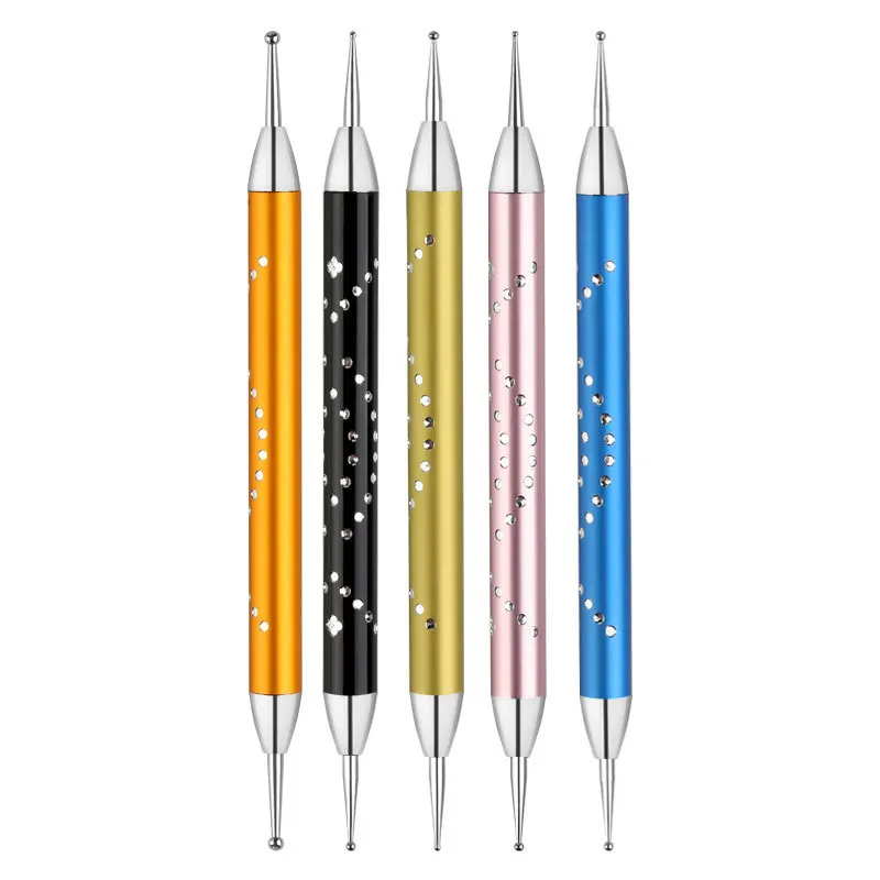 High Quality Rhinestones Dot Picker Dual Ended Metal Double Heads Nail Art Dotting Tool Pen with Metal Dotting Handle 5pcs/set
