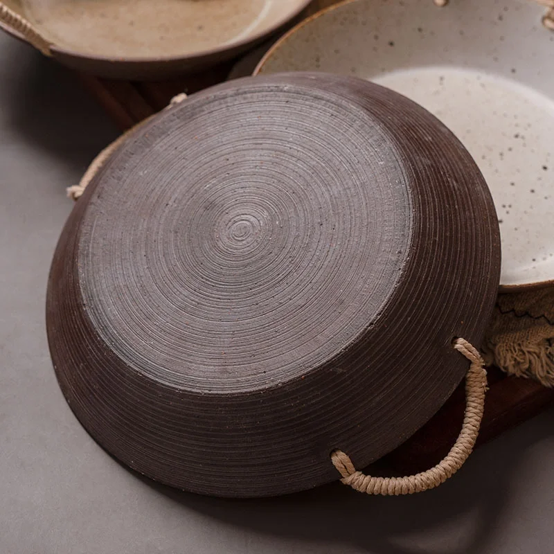 Japanese-Style Ceramic Tableware Braided Rope Double Ear Plate Carrying Plate Fruit Bowl Creative Retro Soup Plate