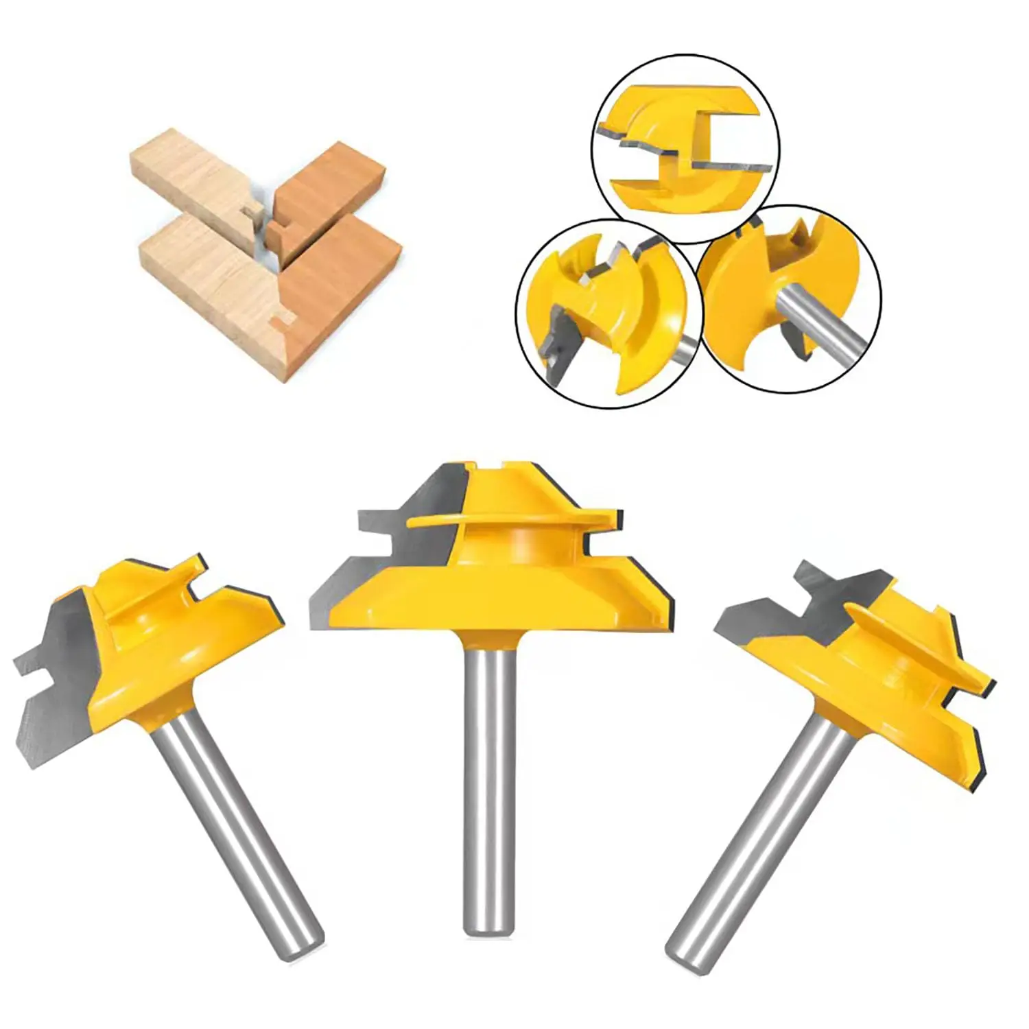 PEXMIENTAS 3pcs 1/4 inch solid carbide 45 degree lock miter router bit glue joint cnc router bits for woodworking