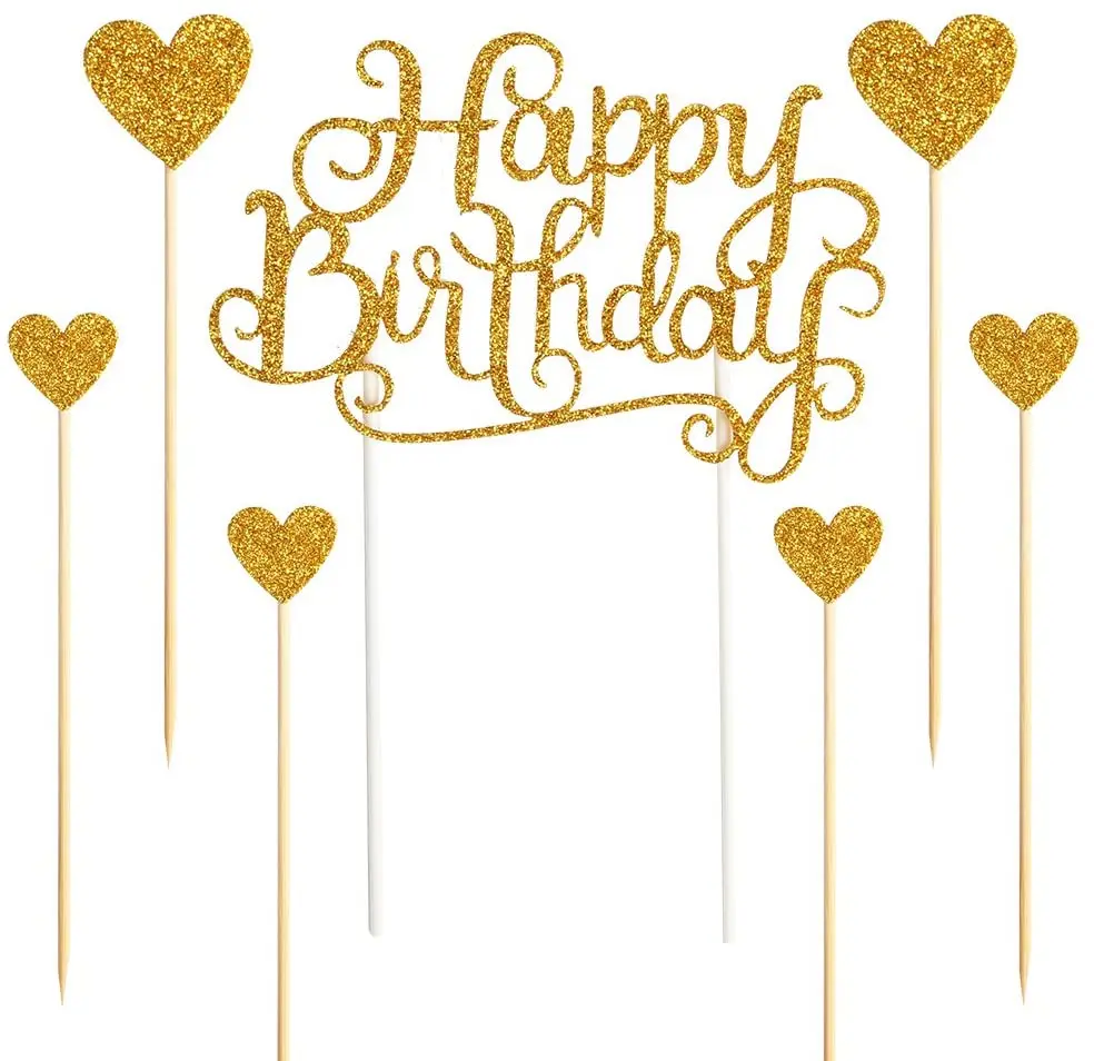 Happy Birthday Cake Toppers Gold Glitter Letters and Love Star Party Decor Decorations Set of