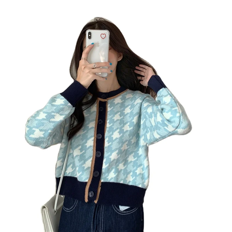 
455 autumn women clothing casual pattern blue cardigan casual oversize eco fashion sand sweater cardigan womens 