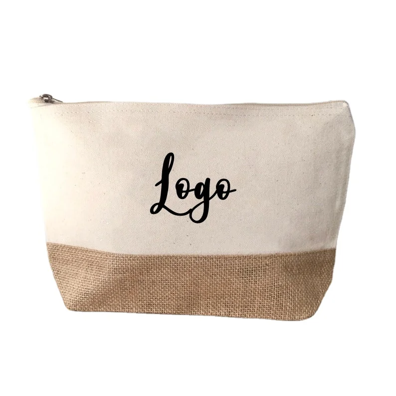 Custom Logo Wholesale Eco-friendly Canvas+ Hemp Jute Zipper Cosmetic Bag Burlap Make Up Bag
