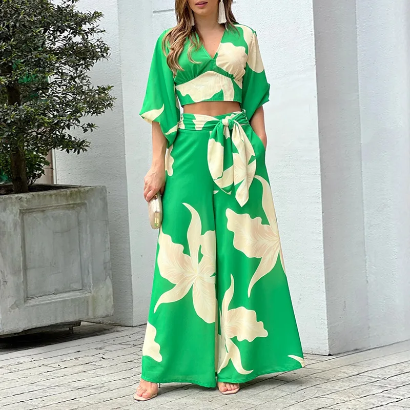 Wholesale Floral Printed V Neck Long Sleeve Blouse And Wide Leg Pants 2 Piece Sets For Women