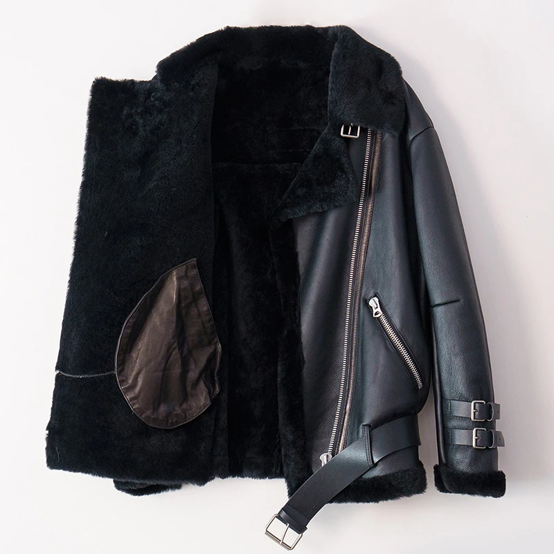Genuine Leather Coat Wholesale Winter Warm Thick Lapel Women Shearling Leather Jacket With Real Fur Lining