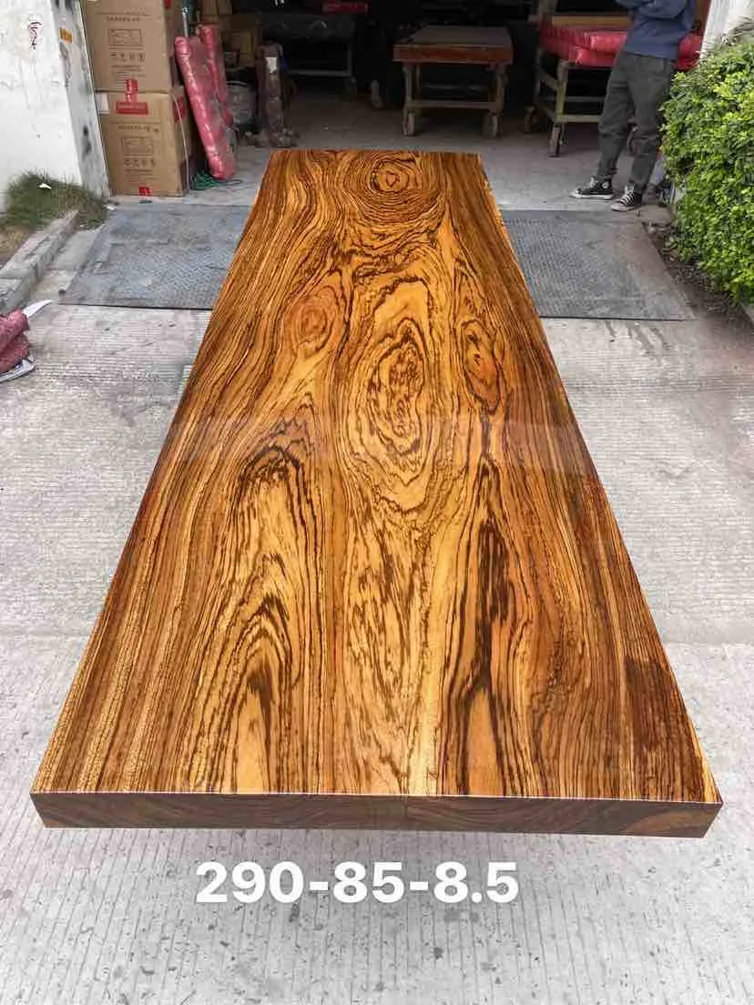Factory Wholesale Kiln-dried African Zingana Slab Glossy Finish Solid Wood Dining Table Top In Stock Ready To Ship