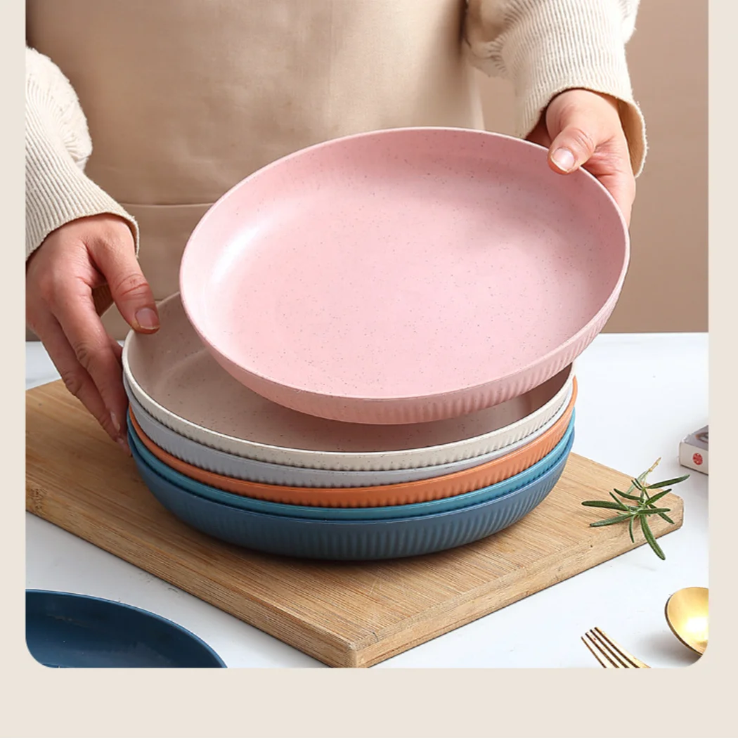 Eco Friendly Biodegradable Wheat Straw Fiber Meal Plate 6 Pcs/set Multi-color Optional Straw Plate Lightweight PP   Dinner Plate
