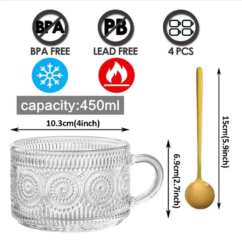 Vintage Glass Coffee Mugs 14 Oz Set of 2 Clear Embossed Tea Cups, Glass Coffee Cups for Cappuccino, Latte, Cereal, Yogurt, Bever