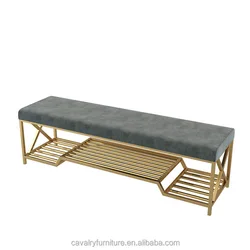 Luxury Home Furniture Metal Rectangle Stool Velvet Bench Shoe Storage Sofa Fabric Pouf Soft Footstool