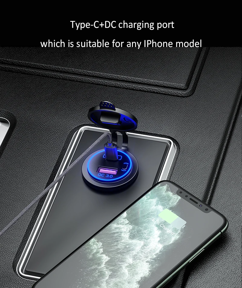 Fast Car Charger Equipped with USB-C PD and USB-A QC 3.0 On-Board Charger Socket Power Outlet with LED Switch