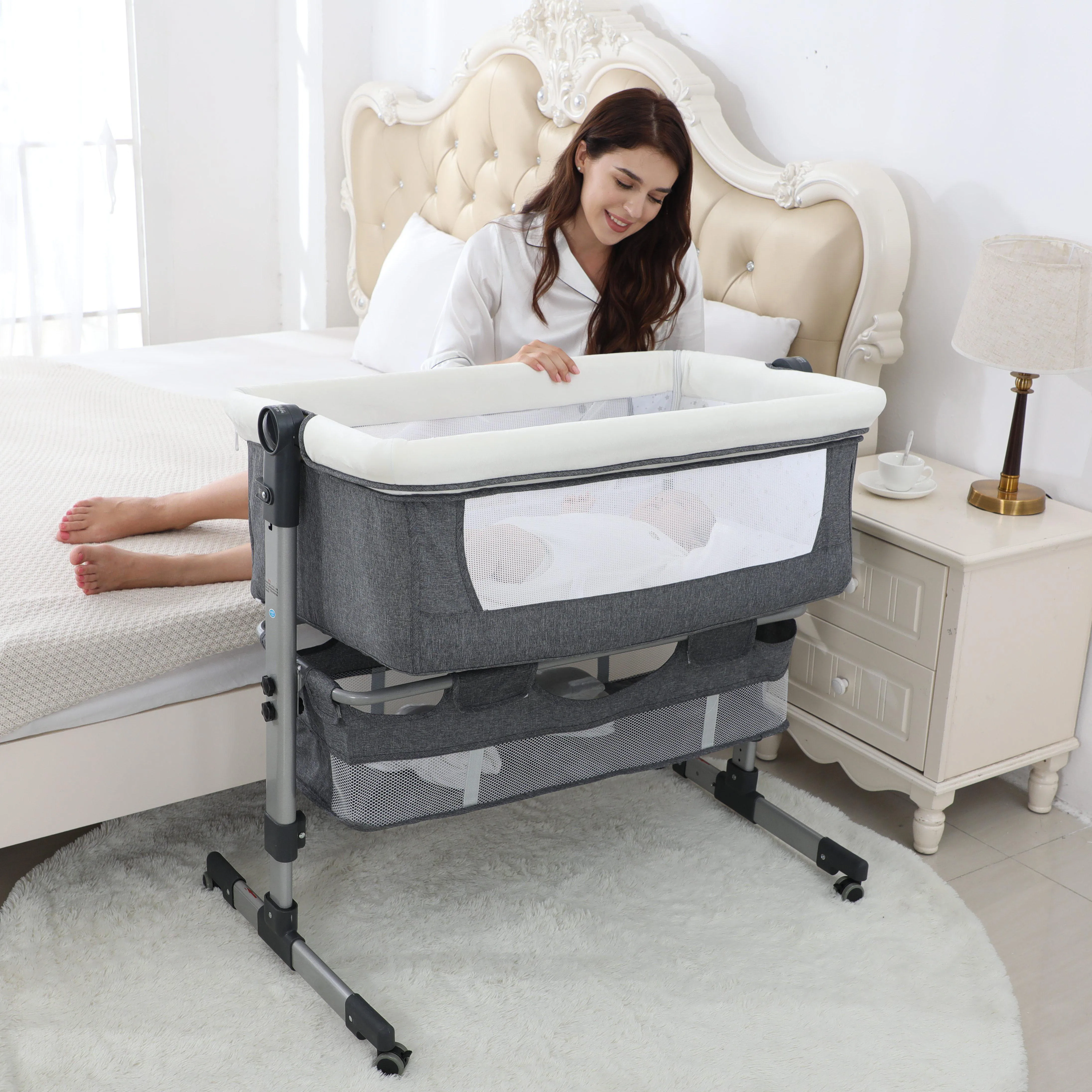 
New Arrival Modern Gray Indoor Portable Foldable Cuna Cot Safety Infant Cribs Bassinet Carry Baby Metal Bed Cribs 