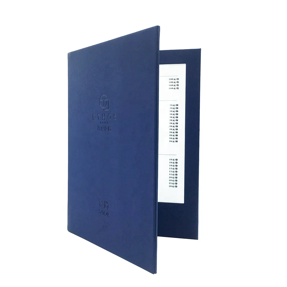 A4 restaurant wireless electronic menu light up menu for restaurant made in navy blue PU with emboss logos