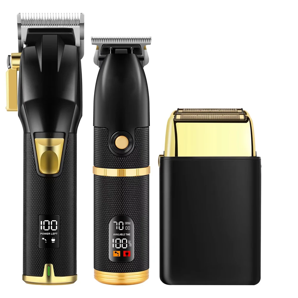 Multi Pro Black Gold Three Piece Set Electric Hair Clippers Rechargeable Shaver Low Noise for Men Cordless Customized Logo