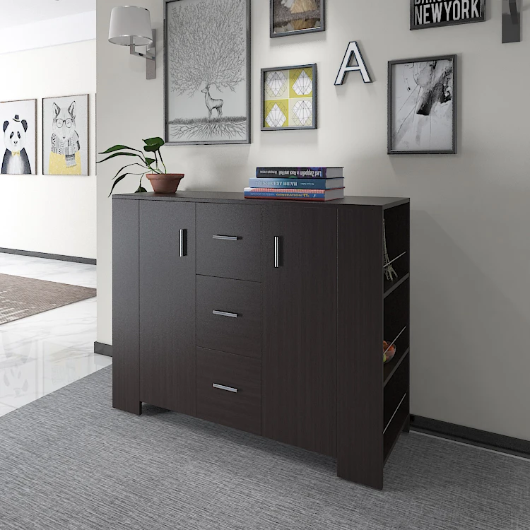 Modern Black Display Cabinet Sideboard Cupboard with 5 Drawers in Dining room bookshelves on both sides