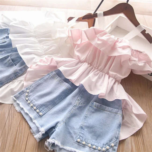 
GLM6384 Kids Baby Girls Summer Off Shoulder Ruched Solid Tops Shirts Denim Shorts Pants Pearl Toddler Children Clothing Sets 