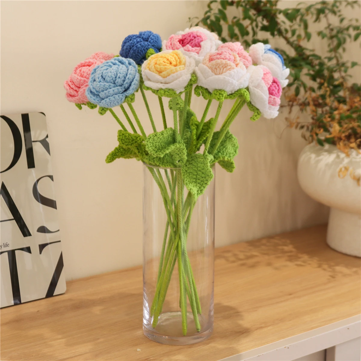 Knitted Artificial Rose Handmade Crochet Flowers for Wedding Bouquet DIY Gifts