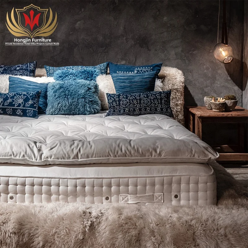 HJ HOME Postmodern Luxury Bedroom Furniture Solid pine Wood frame Sheepskin Platform King Size Bed For Villa bedroom
