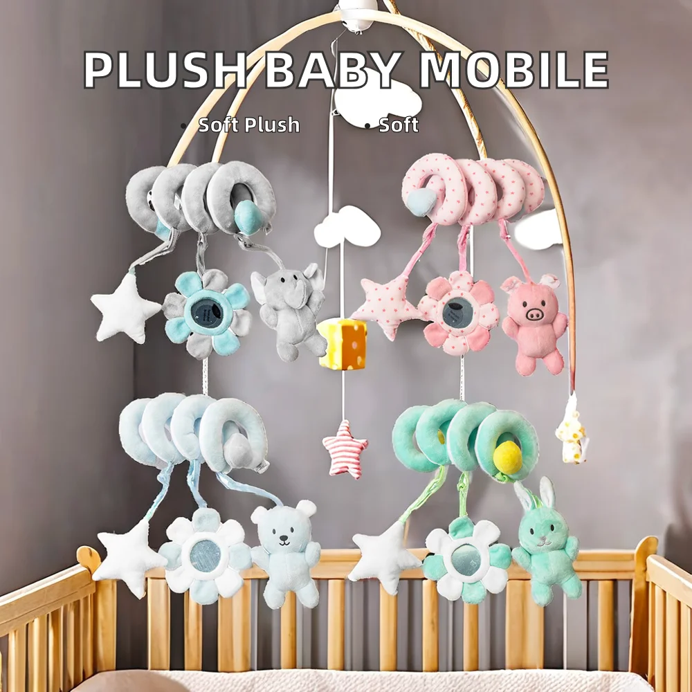 Unisex Soft Safety Animal Bed Hanging Toy for Baby Stroller Musical Ringing Bell Baby Mobile Made Plush Plastic Stuffed Feature
