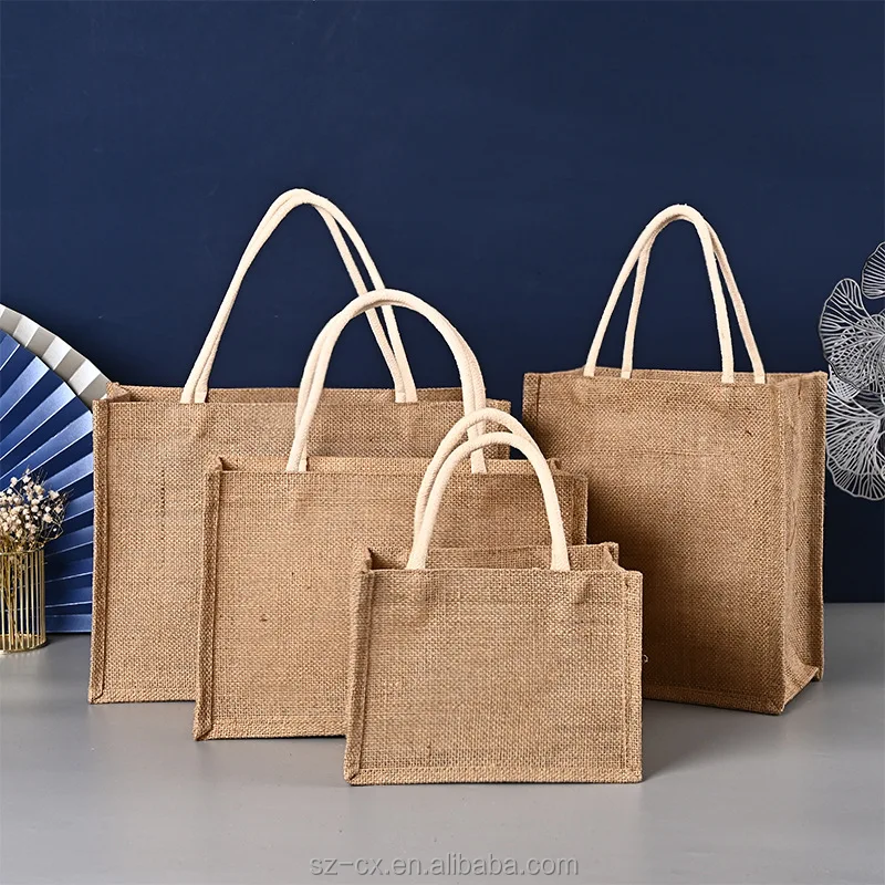 2022 large capacity women girls ladies high quality custom logo reusable blank canvas jute shopping bag jute burlap tote bags