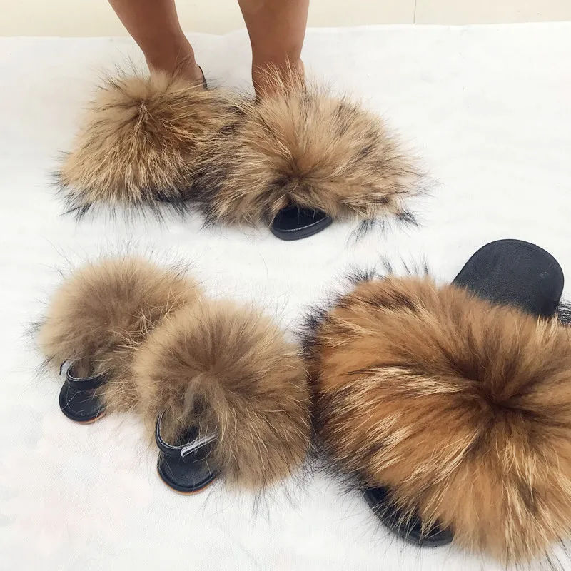 
Fashionable Real Fox Fur Slippers With Strap Raccoon Fur Cute Kids fur slides 