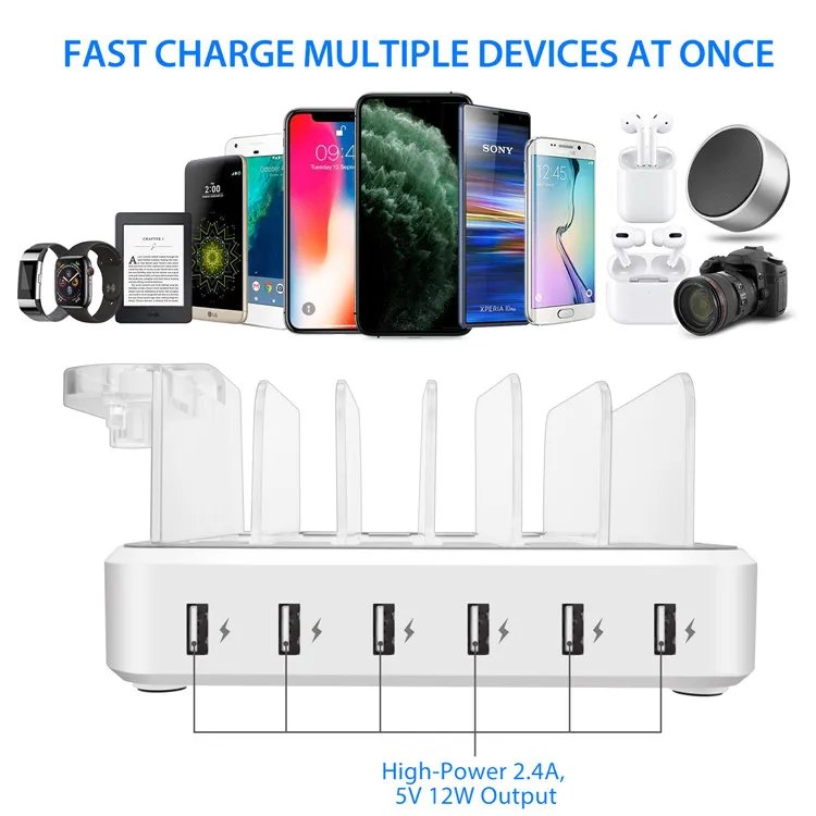 Upgraded 12A 6 Port USB Phone Charging Station for Multiple Devices iPhone iPad Watch Airpods